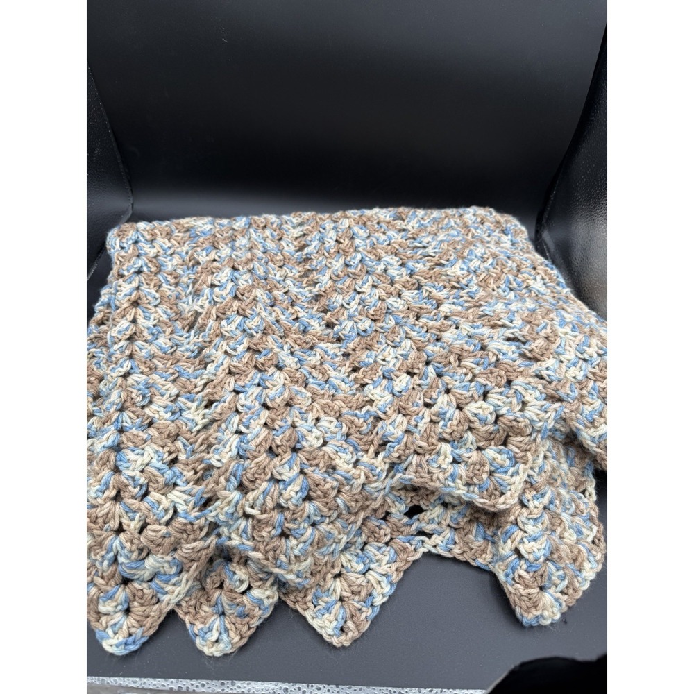🧶🤎💙 Vintage Brown / Blue / Cream Afghan – Handmade Crochet Throw
